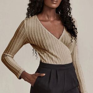 Meek Tan Cable Knit Surplice Bodysuit Size Small